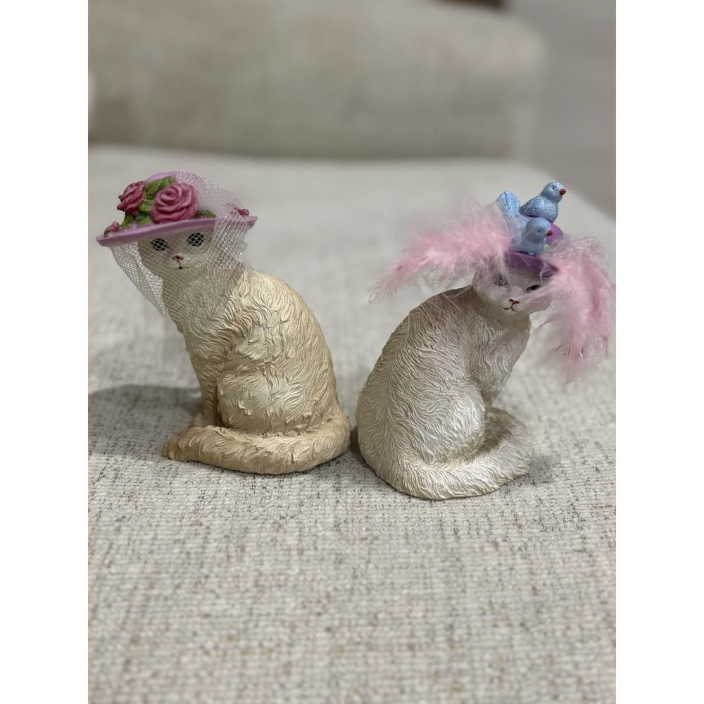 Vintage Decorative Cat Figurines Pair with Floral & Bird Hats